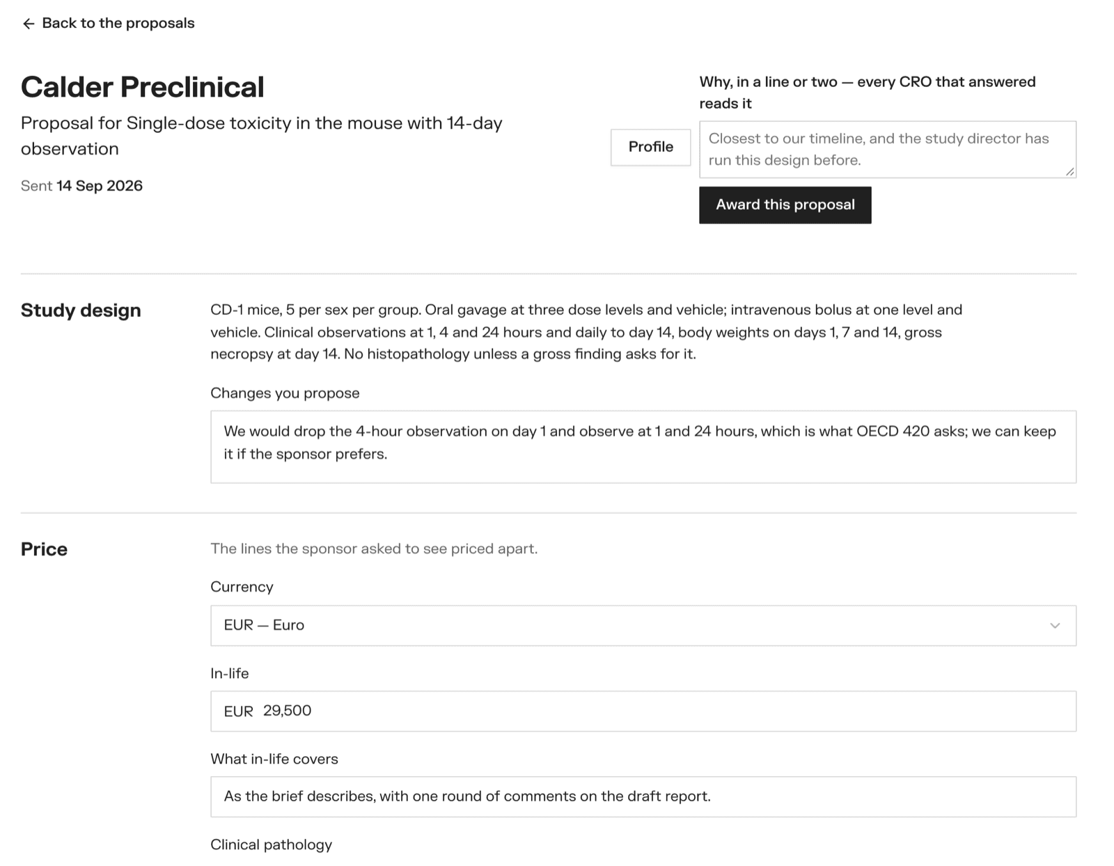 Reading one proposal, with the award form