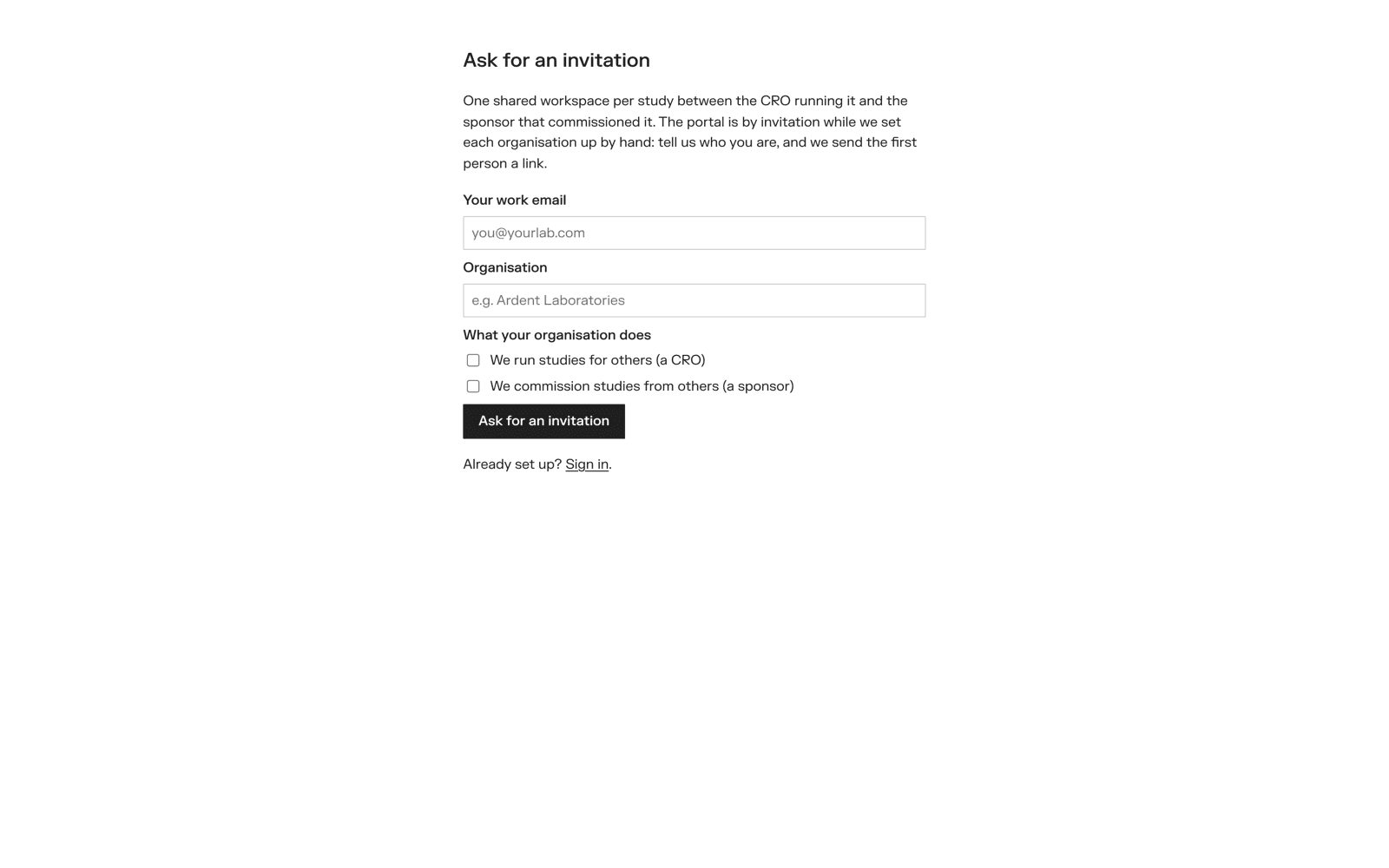 The sign-up page, asking for an invitation