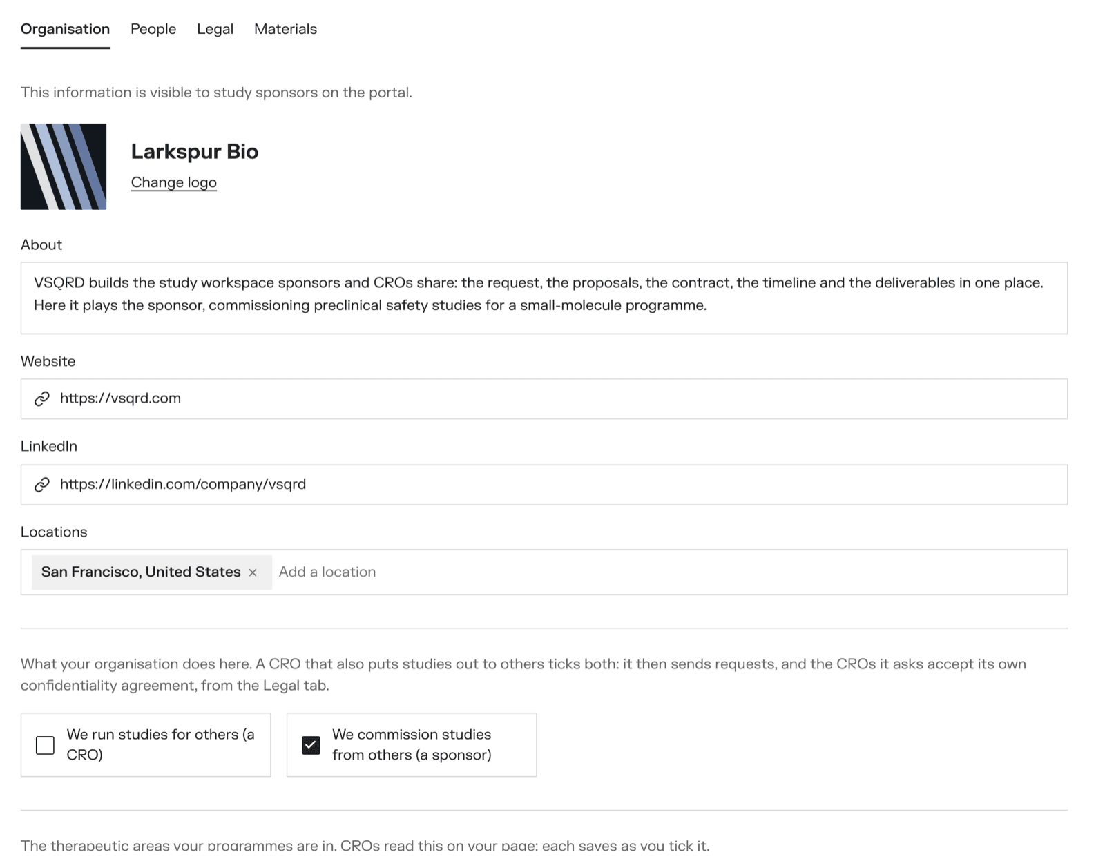 The Organisation tab of the profile