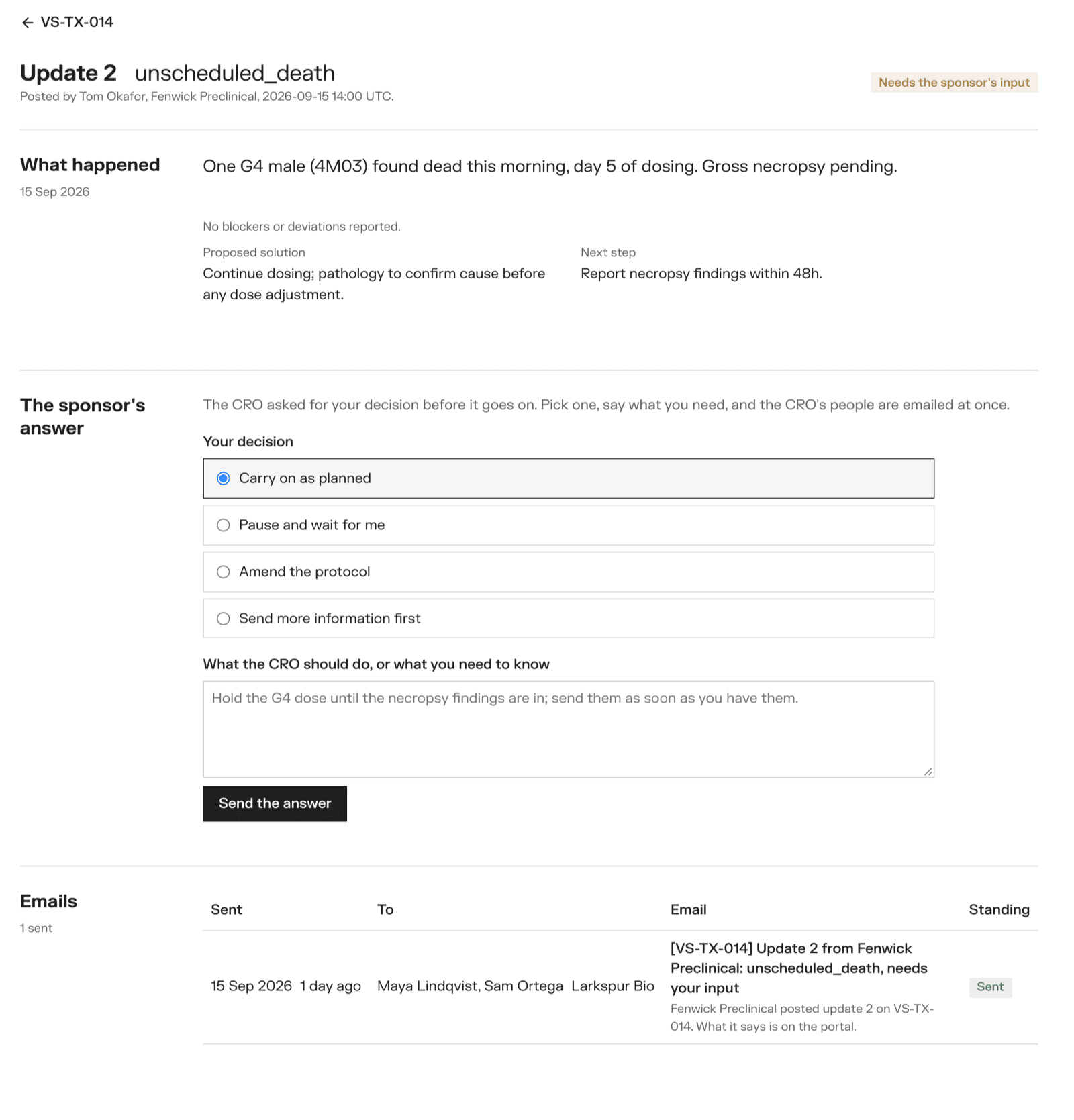 Answering an update that needs the sponsor's input